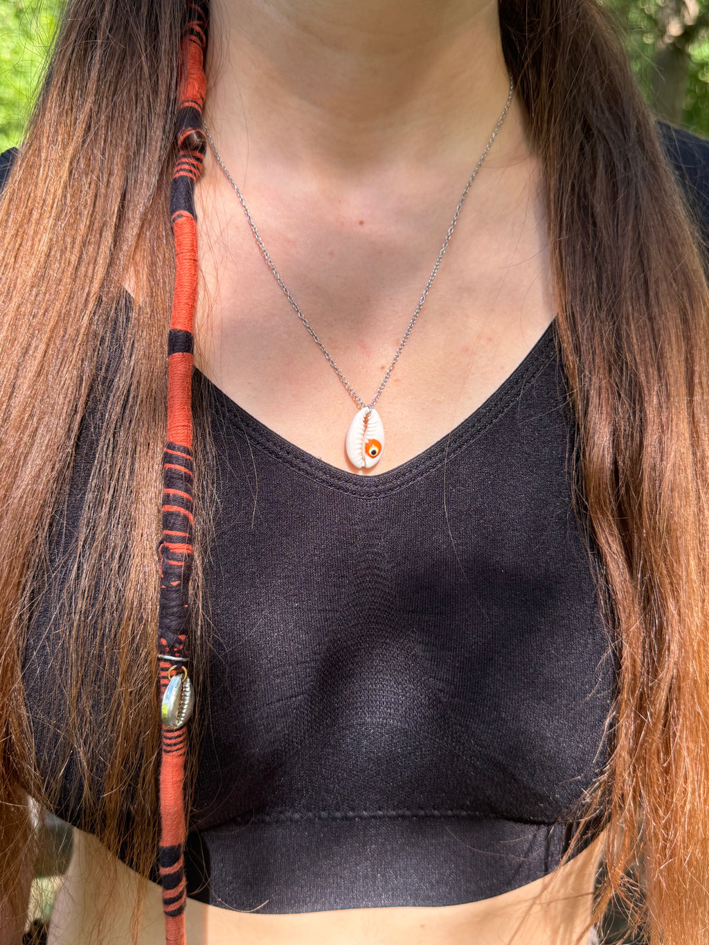 Collier cauri orange naturel avec œil protecteur en acier inoxydable 316L – Maison Valorya
